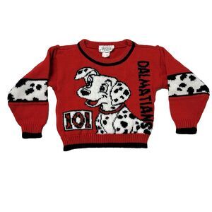 VTG 90s Disney 101 Dalmatians Jet Set Knit Crew Neck Sweater Kids 4T Red Black